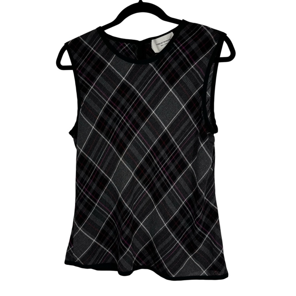 Public School New York Size 4 Black/Gray/Pink/White Plaid Sleeveless Blouse